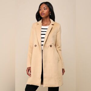 NWOT Lulu’s Harriet Long Double-Breasted Tan Elegant Women's Coat Size Large